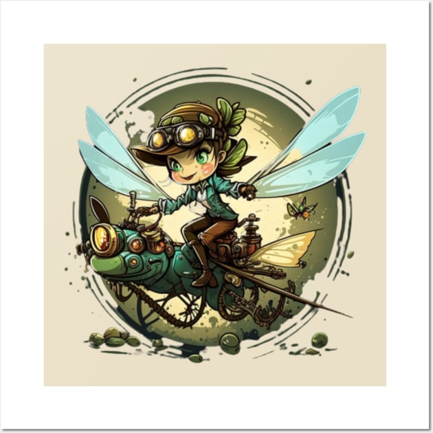 Steampunk Battle Fairy Riding a Dragonfly Wall Art by ForbiddenGeek